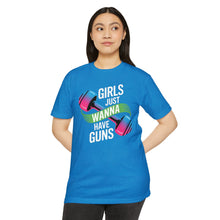 Load image into Gallery viewer, Girls Just Wanna Have Guns Unisex CVC Jersey T-Shirt, Fitness Apparel, Workout Shirt, Gift for Gym Lovers, Motivational Tee
