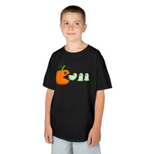 Load image into Gallery viewer, Kids Halloween Tee - Spooky Jack-O&#39;-Lantern and Ghosts Design, PacMan style eating ghosts, Boys and Girls shirt, Fun Halloween tee
