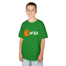 Load image into Gallery viewer, Kids Halloween Tee - Spooky Jack-O&#39;-Lantern and Ghosts Design, PacMan style eating ghosts, Boys and Girls shirt, Fun Halloween tee

