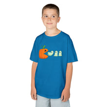 Load image into Gallery viewer, Kids Halloween Tee - Spooky Jack-O&#39;-Lantern and Ghosts Design, PacMan style eating ghosts, Boys and Girls shirt, Fun Halloween tee
