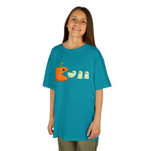 Load image into Gallery viewer, Kids Halloween Tee - Spooky Jack-O&#39;-Lantern and Ghosts Design, PacMan style eating ghosts, Boys and Girls shirt, Fun Halloween tee
