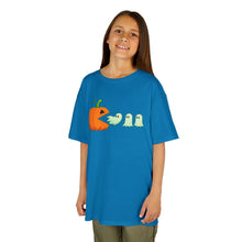 Load image into Gallery viewer, Kids Halloween Tee - Spooky Jack-O&#39;-Lantern and Ghosts Design, PacMan style eating ghosts, Boys and Girls shirt, Fun Halloween tee

