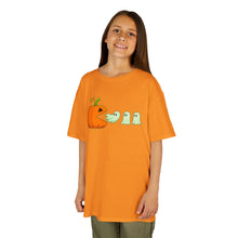 Load image into Gallery viewer, Kids Halloween Tee - Spooky Jack-O&#39;-Lantern and Ghosts Design, PacMan style eating ghosts, Boys and Girls shirt, Fun Halloween tee
