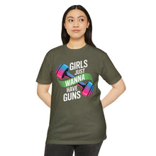 Load image into Gallery viewer, Girls Just Wanna Have Guns Unisex CVC Jersey T-Shirt, Fitness Apparel, Workout Shirt, Gift for Gym Lovers, Motivational Tee
