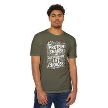 Load image into Gallery viewer, Protein Shakes and Questionable Life Choices T-Shirt - Funny Gym Workout Tee
