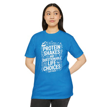Load image into Gallery viewer, Protein Shakes and Questionable Life Choices T-Shirt - Funny Gym Workout Tee
