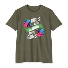 Load image into Gallery viewer, Girls Just Wanna Have Guns Unisex CVC Jersey T-Shirt, Fitness Apparel, Workout Shirt, Gift for Gym Lovers, Motivational Tee
