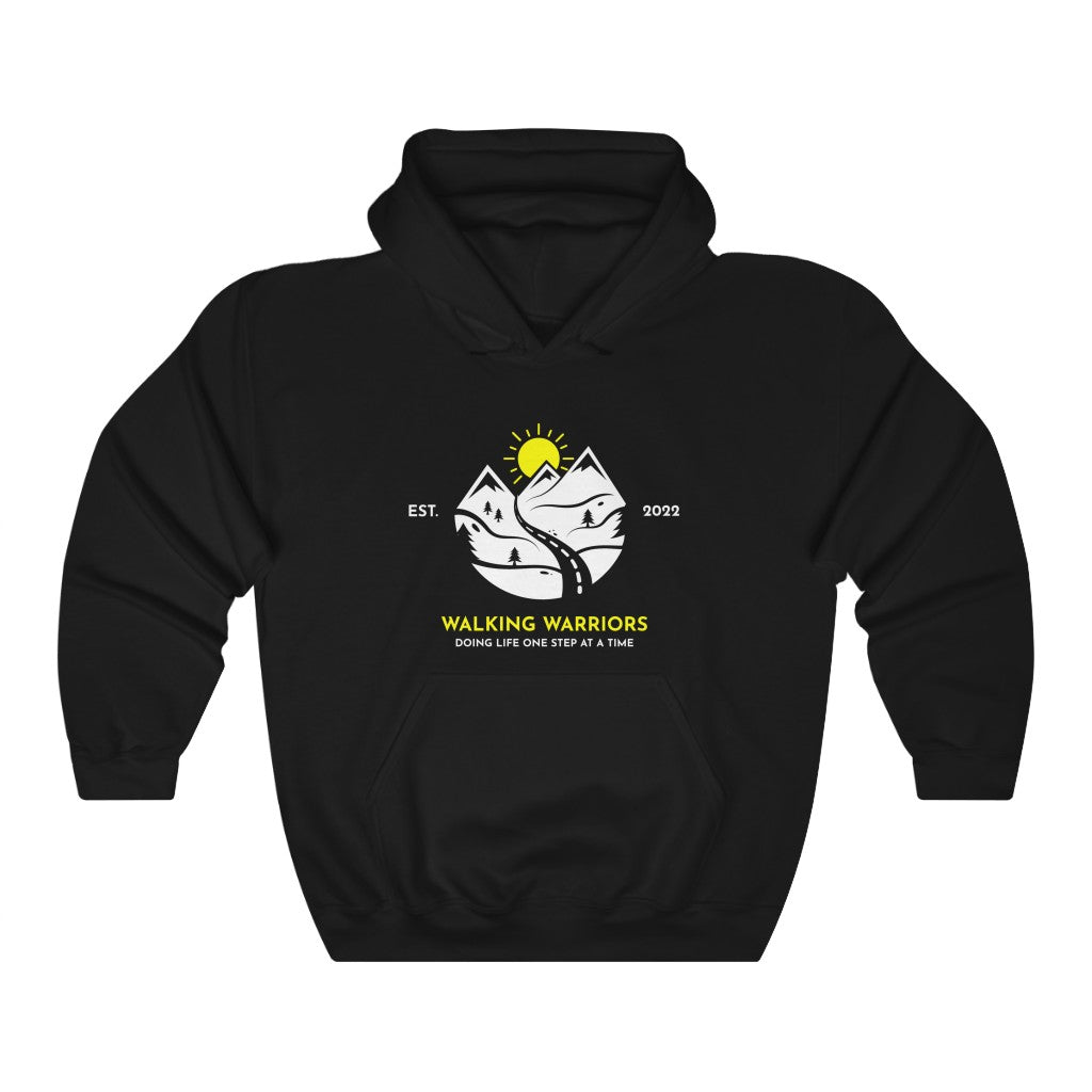 WALKING WARRIORS: Unisex Heavy Blend™ Hoodie: White Mountains with Yellow Sun